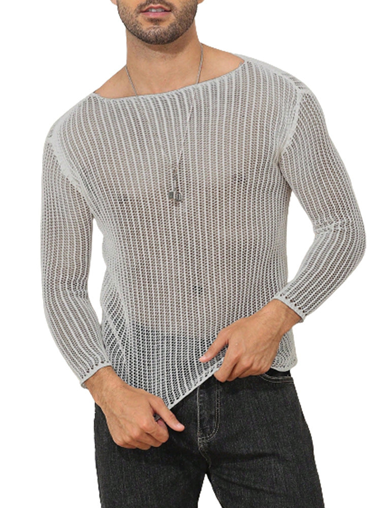 Men's Solid Color Transparent Thin Long-sleeved T-shirt Knitted Top