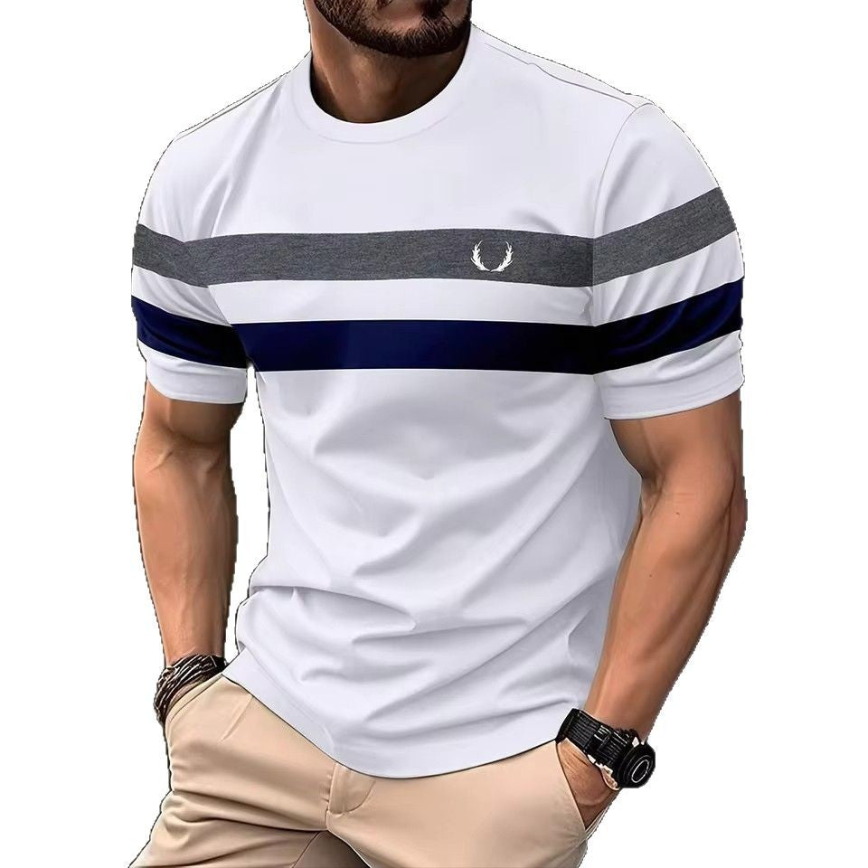 Geometric Contrasting Striped 3D Printed Mens Loose  Breathable Crew Neck T Shirt