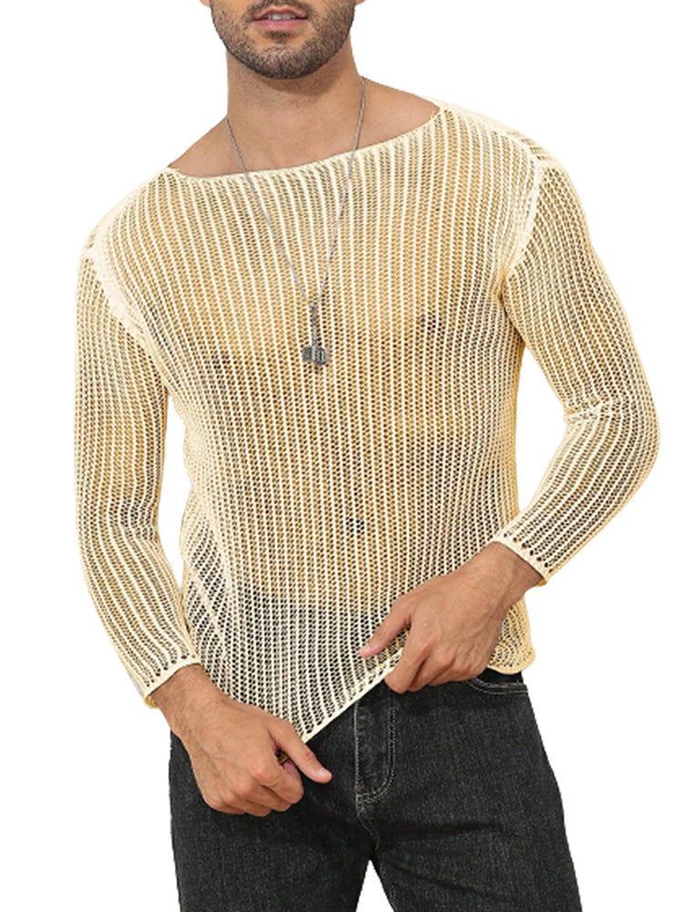 Men's Solid Color Transparent Thin Long-sleeved T-shirt Knitted Top