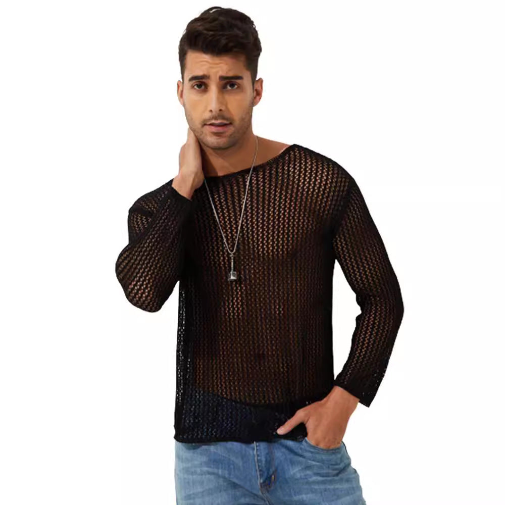 Men's Solid Color Transparent Thin Long-sleeved T-shirt Knitted Top