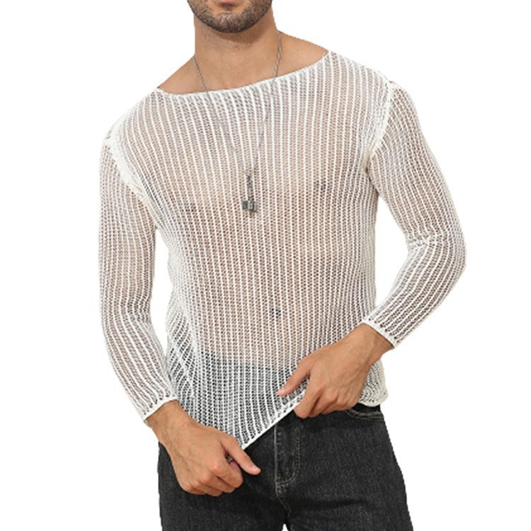 Men's Solid Color Transparent Thin Long-sleeved T-shirt Knitted Top