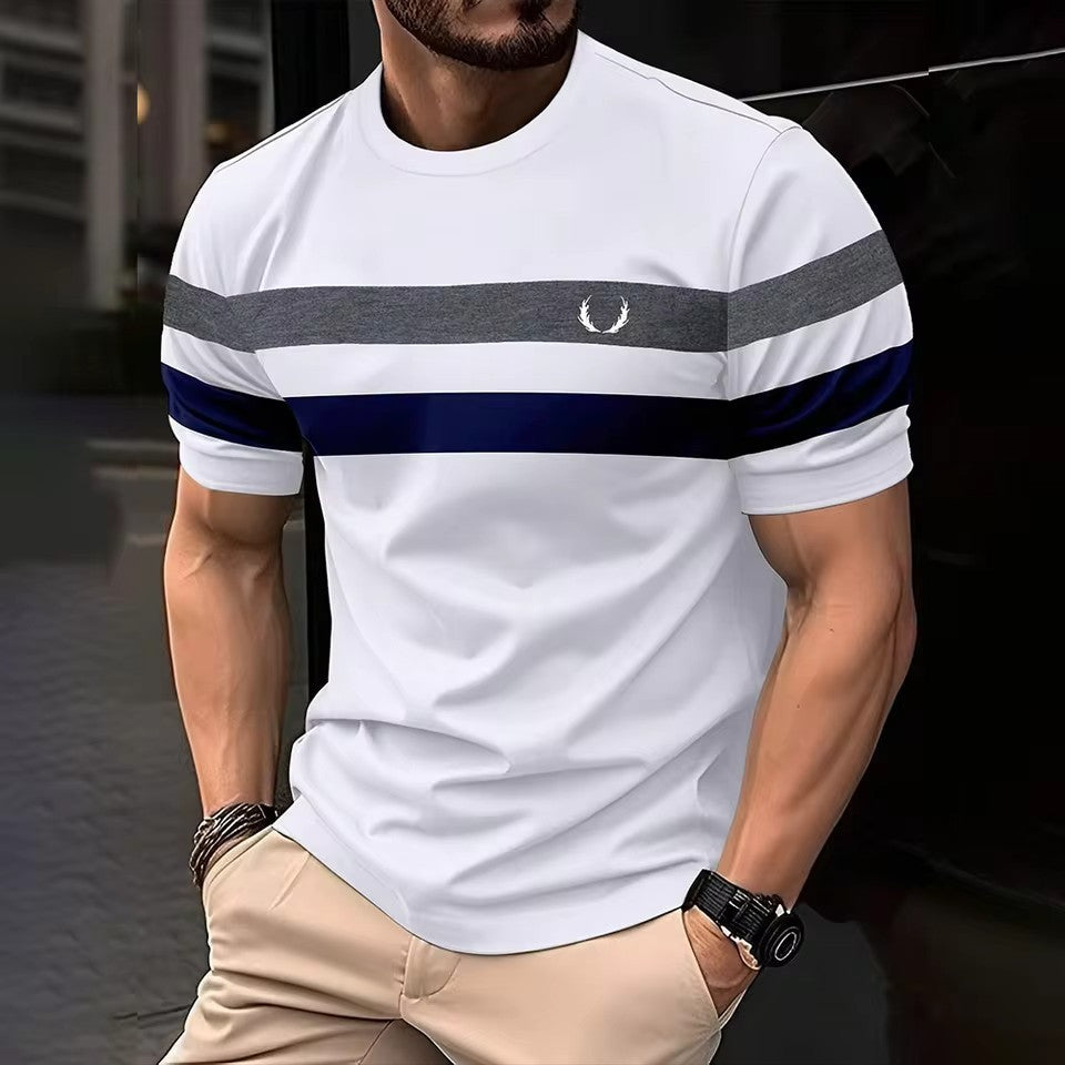 Geometric Contrasting Striped 3D Printed Mens Loose  Breathable Crew Neck T Shirt