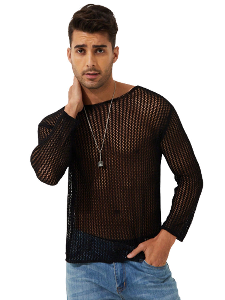 Men's Solid Color Transparent Thin Long-sleeved T-shirt Knitted Top